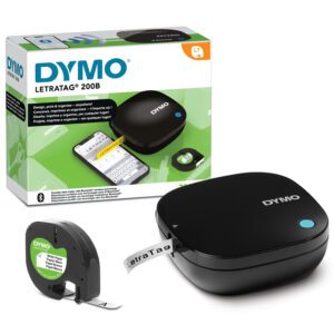 DYMO LetraTag 200B Bluetooth Labelmaskine | Kompakt labelprinter | Tilsluttes via Bluetooth trådløs teknologi til iOS og Android | Inkluderer 1 hvid papiretiketbånd | Sort