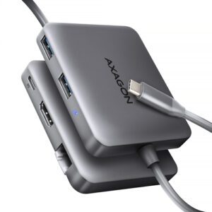 Axagon N HMC-5HL USB 5Gbps hub 2x USB-A HDMI 4k/60Hz RJ-45 GLAN PD 100W kabel USB-C Ledningsført USB 3.2 Gen 1 (3.1 Gen 1) Type-C Sølv