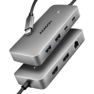 Axagon HUB USB HMC-CUB83X2, USB 10Gbps hub, 2x USB-A, USB-C, HDMI & DP 4k/144Hz, RJ-45 GLAN, PD 100W, kabel USB-C 15cm Ledningsført USB 3.2 Gen 2 (3.1 Gen 2) Type-C Grå