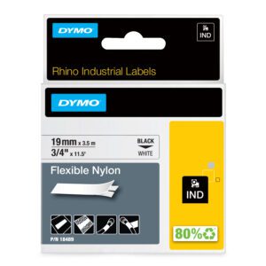 DYMO Rhino industrielle fleksible nylonetiketter | 19 mm x 3,5 m | Sort tekst på hvid | Selvklæbende | til Rhino- og LabelManager-mærkningsmaskiner